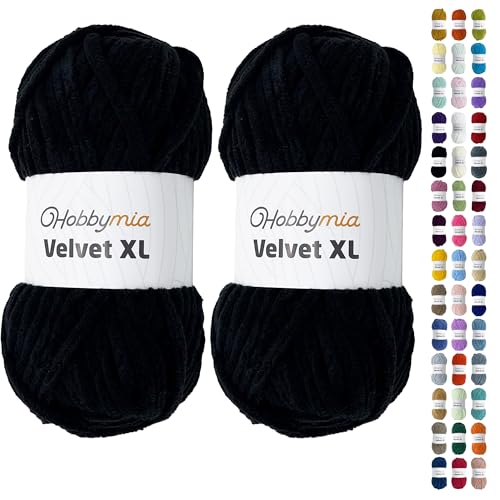 HobbyMia Velvet XL - Chenille-Garn zum Häkeln - 100g/74yds - (6) Super Bulky Garn - Flauschiges Garn zum Häkeln - Häkeln Babydecken (1460 - Schwarz, 2 Knäuel) von HobbyMia