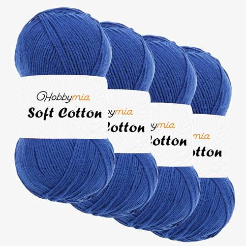 HobbyMia Weiches Baumwollgarn zum Häkeln, 100 g, 55 % Baumwolle, 45 % Acryl, (2) Sport-Feingewicht (Blau, Saxe Blue, 4 Knäuel) von HobbyMia