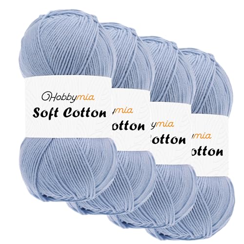 HobbyMia Weiches Baumwollgarn zum Häkeln, 100 g, 55 % Baumwolle, 45 % Acryl, (2) Sport-Feingewicht (Blau – Blau, 4 Knäuel) von HobbyMia