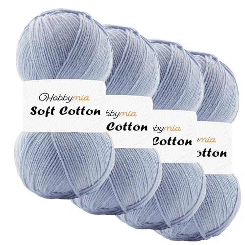 HobbyMia Weiches Baumwollgarn zum Häkeln, 100 g, 55 % Baumwolle, 45 % Acryl, (2) Sport-Feingewicht (Blau - Hellblau, 4 Knäuel) von HobbyMia