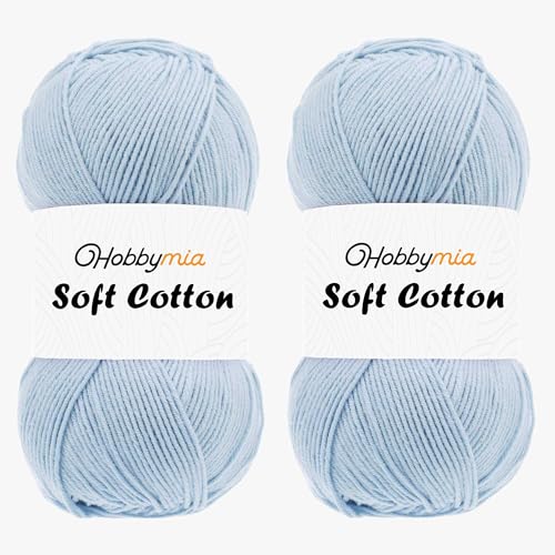 HobbyMia Weiches Baumwollgarn zum Häkeln, 100 g, 55 % Baumwolle, 45 % Acryl, (2) Sport-Feingewicht (Blau – Kristallblau, 2 Knäuel) von HobbyMia