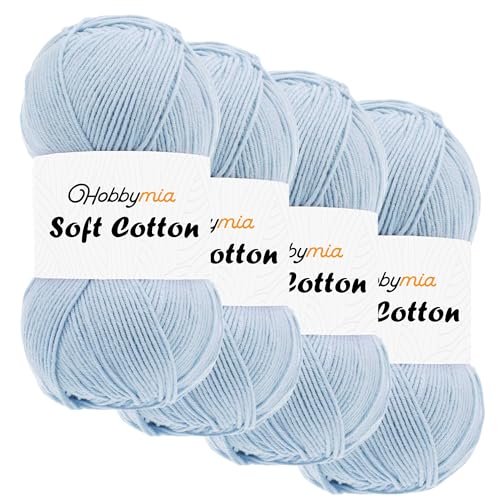 HobbyMia Weiches Baumwollgarn zum Häkeln, 100 g, 55 % Baumwolle, 45 % Acryl, (2) Sport-Feingewicht (Blau – Kristallblau, 4 Knäuel) von HobbyMia