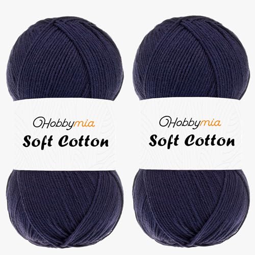 HobbyMia Weiches Baumwollgarn zum Häkeln, 100 g, 55 % Baumwolle, 45 % Acryl, (2) Sport-Feingewicht (Blau – Marineblau, 2 Knäuel) von HobbyMia
