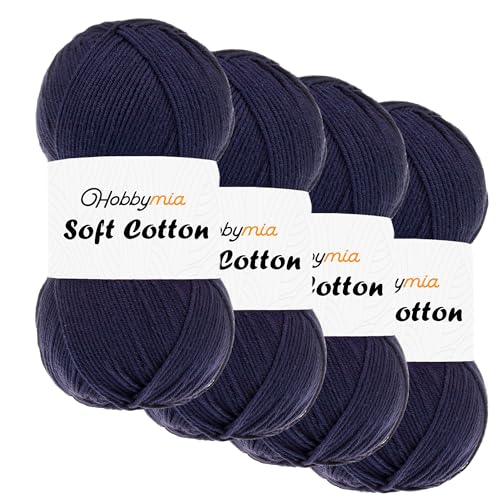 HobbyMia Weiches Baumwollgarn zum Häkeln, 100 g, 55 % Baumwolle, 45 % Acryl, (2) Sport-Feingewicht (Blau – Marineblau, 4 Knäuel) von HobbyMia