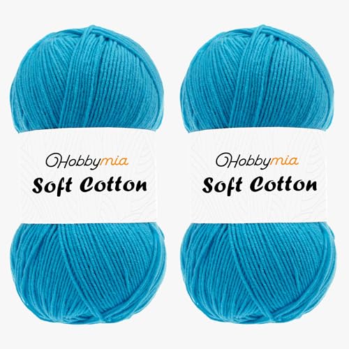 HobbyMia Weiches Baumwollgarn zum Häkeln, 100 g, 55 % Baumwolle, 45 % Acryl, (2) Sport-Feingewicht (Blau – Ozean, 2 Knäuel) von HobbyMia