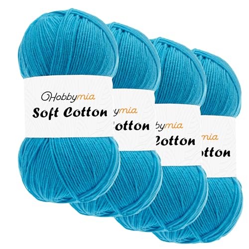 HobbyMia Weiches Baumwollgarn zum Häkeln, 100 g, 55 % Baumwolle, 45 % Acryl, (2) Sport-Feingewicht (Blau – Ozean, 4 Knäuel) von HobbyMia