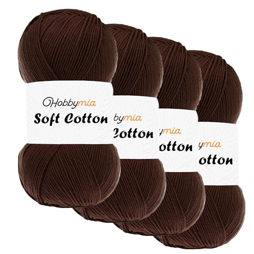HobbyMia Weiches Baumwollgarn zum Häkeln, 100 g, 55 % Baumwolle, 45 % Acryl, (2) Sport-Feingewicht (Braun – Braun, 4 Knäuel) von HobbyMia