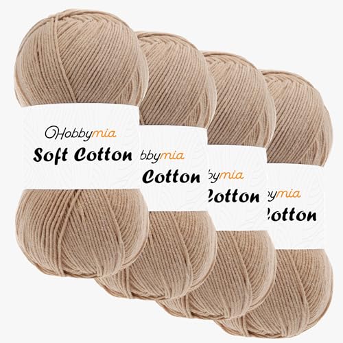 HobbyMia Weiches Baumwollgarn zum Häkeln, 100 g, 55 % Baumwolle, 45 % Acryl, (2) Sport-Feingewicht (Braun – Eiche, 4 Knäuel) von HobbyMia