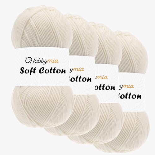 HobbyMia Weiches Baumwollgarn zum Häkeln, 100 g, 55 % Baumwolle, 45 % Acryl, (2) Sport-Feingewicht (Braun – Hellcreme, 4 Knäuel) von HobbyMia