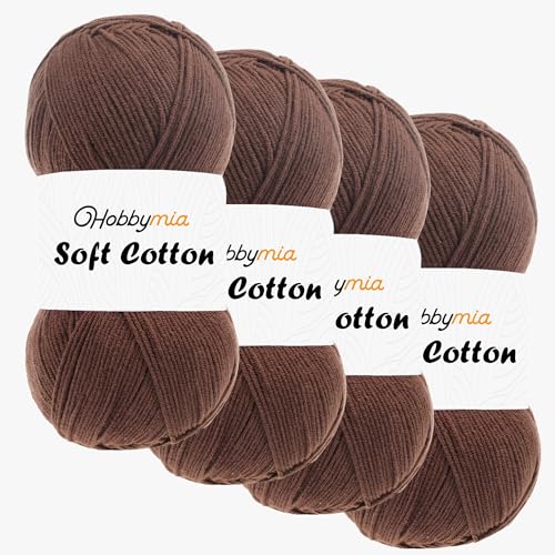 HobbyMia Weiches Baumwollgarn zum Häkeln, 100 g, 55 % Baumwolle, 45 % Acryl, (2) Sport-Feingewicht (Braun – Rauchquarz, 4 Knäuel) von HobbyMia