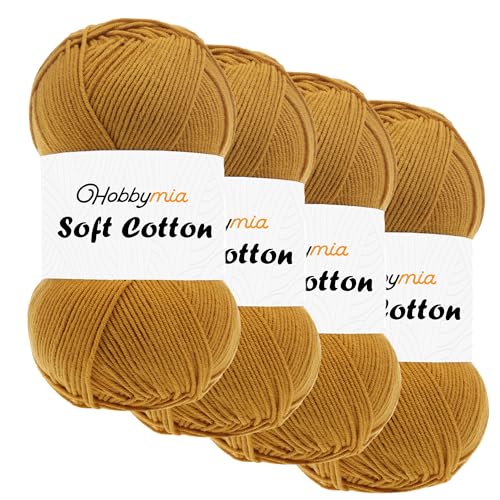 HobbyMia Weiches Baumwollgarn zum Häkeln, 100 g, 55 % Baumwolle, 45 % Acryl, (2) Sport-Feingewicht (Braun – Senf, 4 Knäuel) von HobbyMia