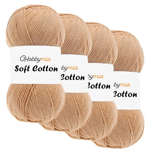 HobbyMia Weiches Baumwollgarn zum Häkeln, 100 g, 55 % Baumwolle, 45 % Acryl, (2) Sport-Feingewicht (Braun – aschiges Puder, 4 Knäuel) von HobbyMia
