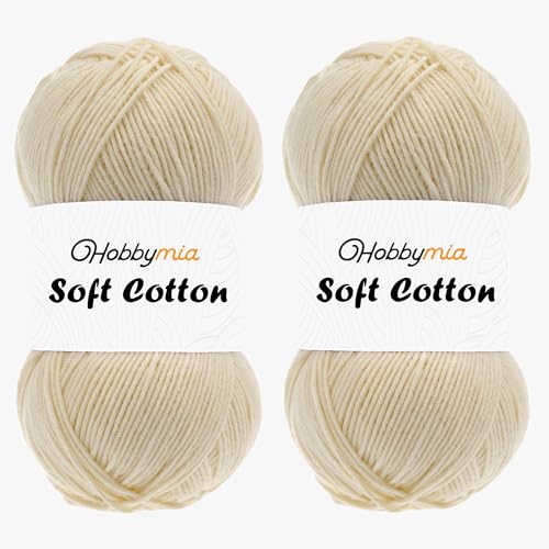 HobbyMia Weiches Baumwollgarn zum Häkeln, 100 g, 55 % Baumwolle, 45 % Acryl, (2) Sport-Feingewicht (Cremefarben, 2 Knäuel) von HobbyMia