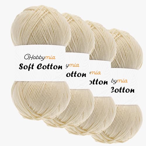 HobbyMia Weiches Baumwollgarn zum Häkeln, 100 g, 55 % Baumwolle, 45 % Acryl, (2) Sport-Feingewicht (Cremefarben, 4 Knäuel) von HobbyMia