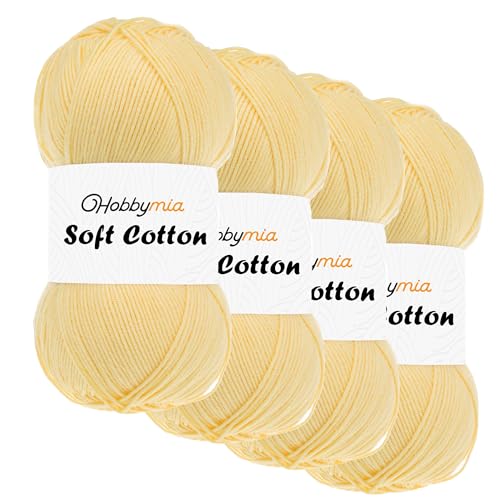 HobbyMia Weiches Baumwollgarn zum Häkeln, 100 g, 55 % Baumwolle, 45 % Acryl, (2) Sport-Feingewicht (Gelb – Ananas, 4 Knäuel) von HobbyMia