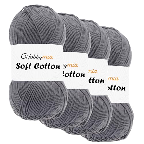 HobbyMia Weiches Baumwollgarn zum Häkeln, 100 g, 55 % Baumwolle, 45 % Acryl, (2) Sport-Feingewicht (Grau – Anthrazit, 4 Knäuel) von HobbyMia