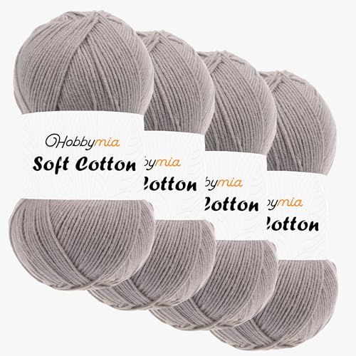 HobbyMia Weiches Baumwollgarn zum Häkeln, 100 g, 55 % Baumwolle, 45 % Acryl, (2) Sport-Feingewicht (Grau – Pilzgrau, 4 Knäuel) von HobbyMia