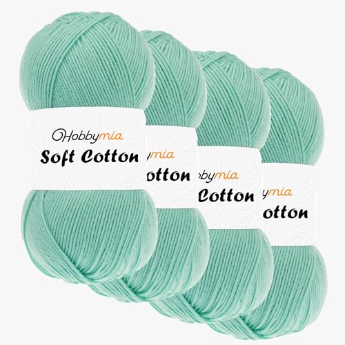 HobbyMia Weiches Baumwollgarn zum Häkeln, 100 g, 55 % Baumwolle, 45 % Acryl, (2) Sport-Feingewicht (Grün - Aquagrün, 4 Knäuel) von HobbyMia