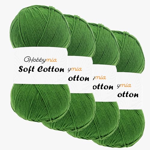 HobbyMia Weiches Baumwollgarn zum Häkeln, 100 g, 55 % Baumwolle, 45 % Acryl, (2) Sport-Feingewicht (Grün – Gras, 4 Knäuel) von HobbyMia
