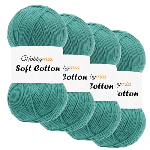 HobbyMia Weiches Baumwollgarn zum Häkeln, 100 g, 55 % Baumwolle, 45 % Acryl, (2) Sport-Feingewicht (Grün – Smaragdgrün, 4 Knäuel) von HobbyMia