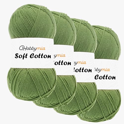 HobbyMia Weiches Baumwollgarn zum Häkeln, 100 g, 55 % Baumwolle, 45 % Acryl, (2) Sport-Feingewicht (Grün – trockene Minze, 4 Knäuel) von HobbyMia
