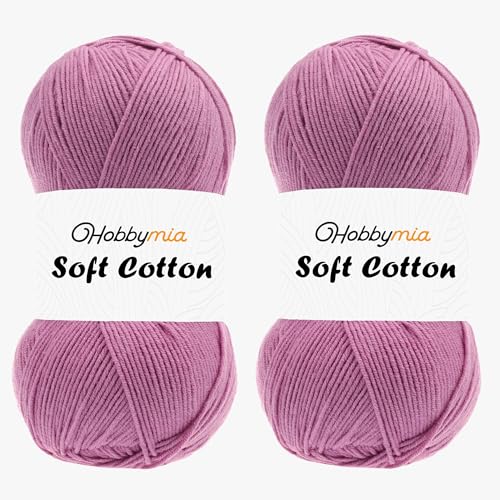 HobbyMia Weiches Baumwollgarn zum Häkeln, 100 g, 55 % Baumwolle, 45 % Acryl, (2) Sport-Feingewicht (Lila, Rosenblüte, 2 Knäuel) von HobbyMia