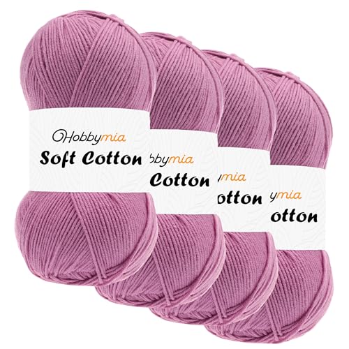 HobbyMia Weiches Baumwollgarn zum Häkeln, 100 g, 55 % Baumwolle, 45 % Acryl, (2) Sport-Feingewicht (Lila, Rosenblüte, 4 Knäuel) von HobbyMia