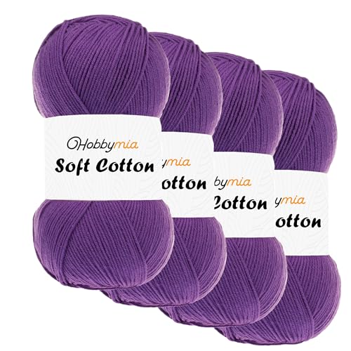 HobbyMia Weiches Baumwollgarn zum Häkeln, 100 g, 55 % Baumwolle, 45 % Acryl, (2) Sport-Feingewicht (Lila, Violett, 4 Knäuel) von HobbyMia