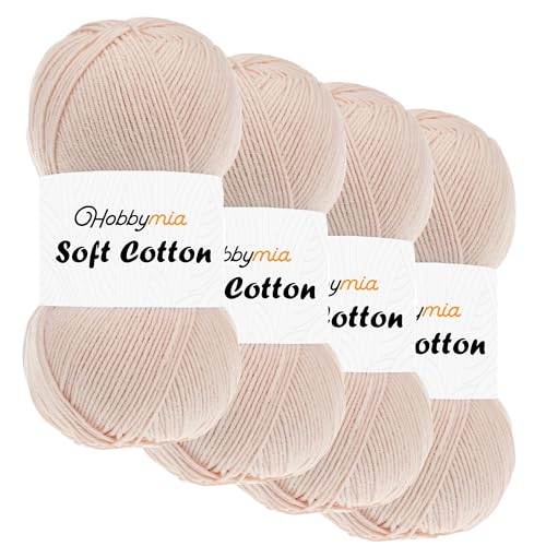 HobbyMia Weiches Baumwollgarn zum Häkeln, 100 g, 55 % Baumwolle, 45 % Acryl, (2) Sport-Feingewicht (Orange – Helles Pfirsich, 4 Knäuel) von HobbyMia