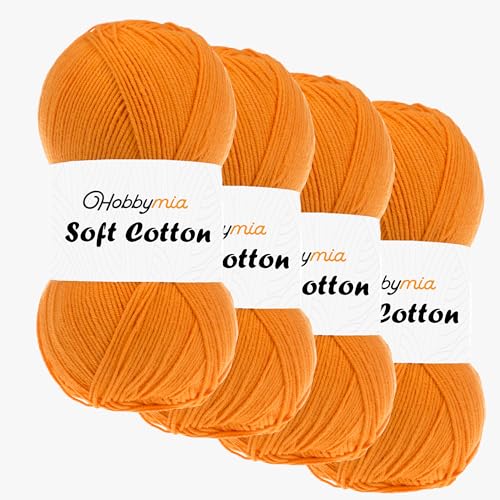 HobbyMia Weiches Baumwollgarn zum Häkeln, 100 g, 55 % Baumwolle, 45 % Acryl, (2) Sport-Feingewicht (Orange – Kürbis, 4 Knäuel) von HobbyMia