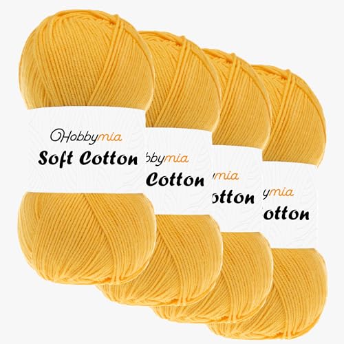 HobbyMia Weiches Baumwollgarn zum Häkeln, 100 g, 55 % Baumwolle, 45 % Acryl, (2) Sport-Feingewicht (Orange – Mimose, 4 Knäuel) von HobbyMia