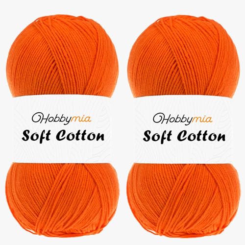 HobbyMia Weiches Baumwollgarn zum Häkeln, 100 g, 55 % Baumwolle, 45 % Acryl, (2) Sport-Feingewicht (Orange – Orange, 2 Knäuel) von HobbyMia