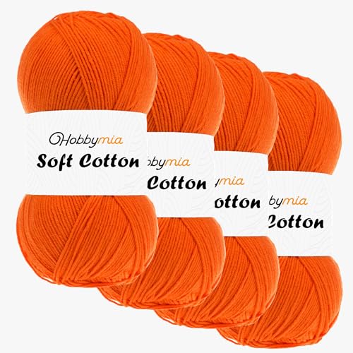 HobbyMia Weiches Baumwollgarn zum Häkeln, 100 g, 55 % Baumwolle, 45 % Acryl, (2) Sport-Feingewicht (Orange – Orange, 4 Knäuel) von HobbyMia