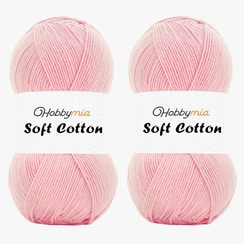 HobbyMia Weiches Baumwollgarn zum Häkeln, 100 g, 55 % Baumwolle, 45 % Acryl, (2) Sport-Feingewicht (Rosa, Ballerina-Rosa, 2 Knäuel) von HobbyMia