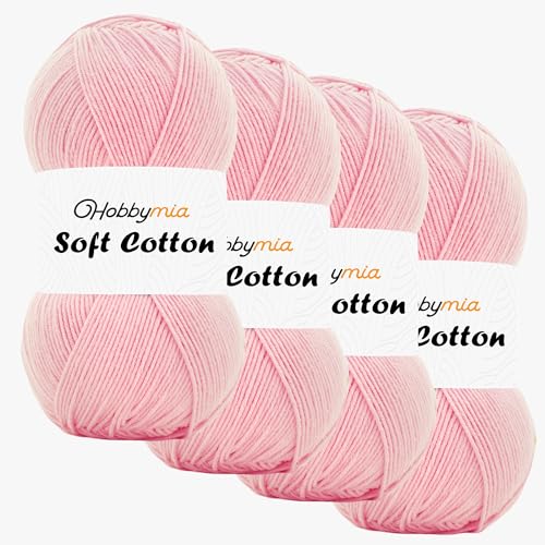 HobbyMia Weiches Baumwollgarn zum Häkeln, 100 g, 55 % Baumwolle, 45 % Acryl, (2) Sport-Feingewicht (Rosa, Ballerina-Rosa, 4 Knäuel) von HobbyMia