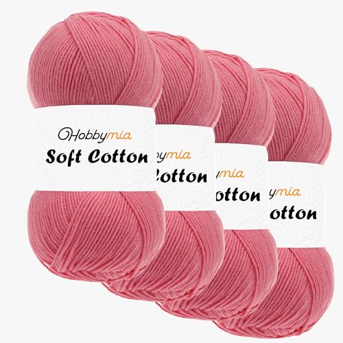 HobbyMia Weiches Baumwollgarn zum Häkeln, 100 g, 55 % Baumwolle, 45 % Acryl, (2) Sport-Feingewicht (Rosa, Hellrosa, 4 Knäuel) von HobbyMia