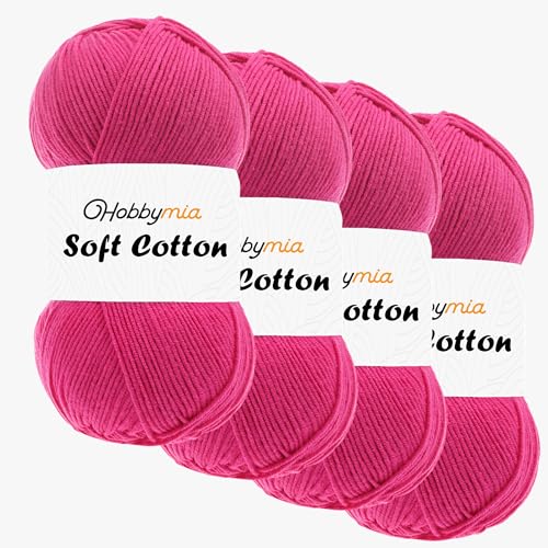 HobbyMia Weiches Baumwollgarn zum Häkeln, 100 g, 55 % Baumwolle, 45 % Acryl, (2) Sport-Feingewicht (Rosa – Bernsteinblume, 4 Knäuel) von HobbyMia