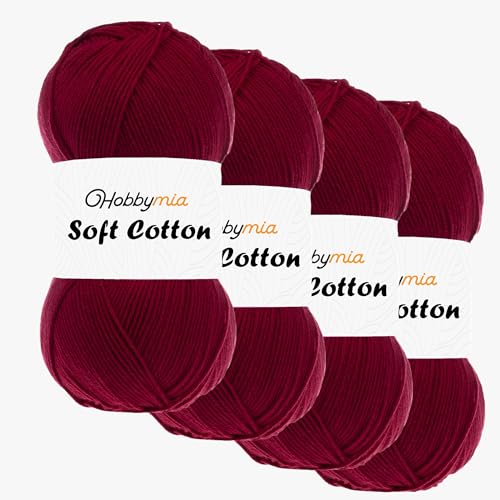 HobbyMia Weiches Baumwollgarn zum Häkeln, 100 g, 55 % Baumwolle, 45 % Acryl, (2) Sport Feingewicht (Rot - Weinrot, 4 Knäuel) von HobbyMia