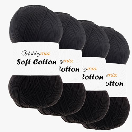HobbyMia Weiches Baumwollgarn zum Häkeln, 100 g, 55 % Baumwolle, 45 % Acryl, (2) Sport-Feingewicht (Schwarz – Schwarz, 4 Knäuel) von HobbyMia