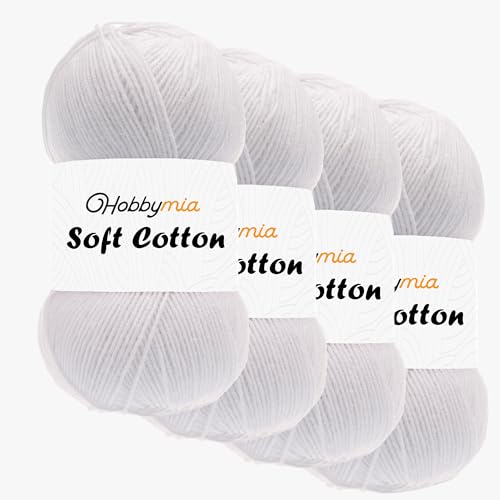 HobbyMia Weiches Baumwollgarn zum Häkeln, 100 g, 55 % Baumwolle, 45 % Acryl, (2) Sport-Feingewicht (Weiß – Weiß, 4 Knäuel) von HobbyMia