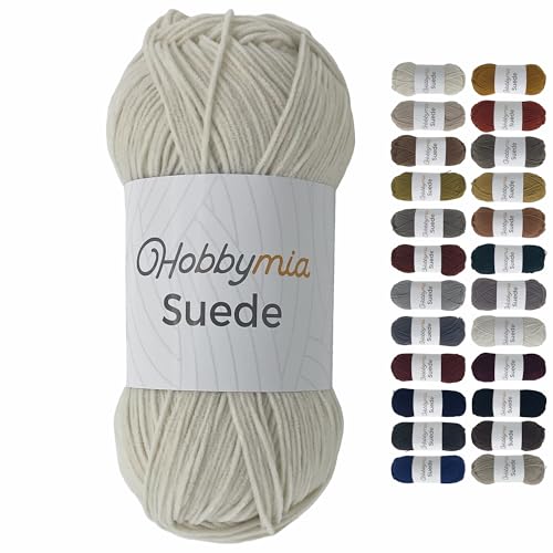 HobbyMia Wildledergarn, 50 g, 160 m, 100 % Mikrofaser, (3) leicht, leicht, Kammgarn, Lederoptik, Nubuk-Garn zum Häkeln und Stricken, Ecru, 1 Knäuel von HobbyMia
