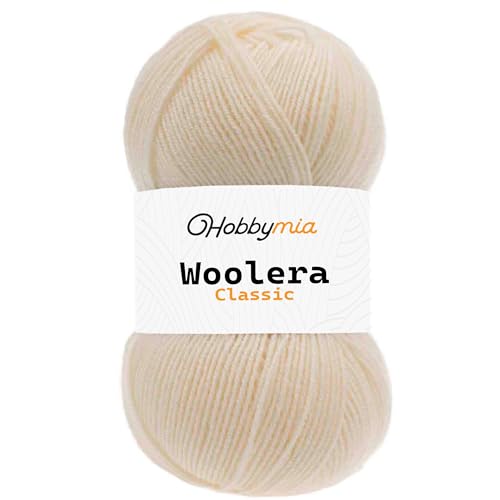 HobbyMia Woolera Klassisches Wollgarn, 100 g, (3) DK-Gewicht, 75 % Acryl, 25 % Wolle (Cremefarben, 1 Knäuel) von HobbyMia
