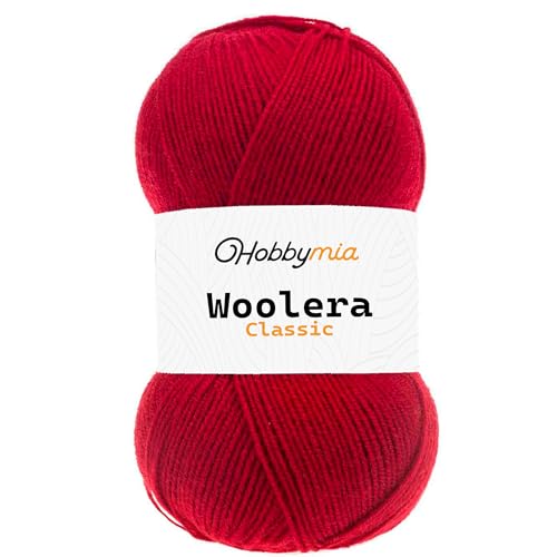 HobbyMia Woolera Klassisches Wollgarn, 100 g, (3) DK-Gewicht, 75 % Acryl, 25 % Wolle (Rot, 1 Knäuel) von HobbyMia