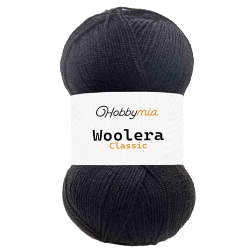 HobbyMia Woolera Klassisches Wollgarn, 100 g, (3) DK-Gewicht, 75 % Acryl, 25 % Wolle (Schwarz, 1 Knäuel) von HobbyMia