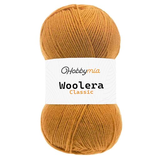 HobbyMia Woolera Klassisches Wollgarn, 100 g, (3) DK-Gewicht, 75 % Acryl, 25 % Wolle (Senf, 1 Knäuel) von HobbyMia