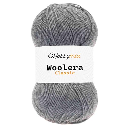 HobbyMia Woolera Klassisches Wollgarn, 100 g, (3) DK-Gewicht, 75 % Acryl, 25 % Wolle (Silbergrau, 1 Knäuel) von HobbyMia