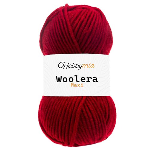 HobbyMia Woolera Maxi-Wollgarn, 100 g, (5) sperriges Gewicht, 75 % Acryl, 25 % Wolle, Rot, 1 Knäuel von HobbyMia