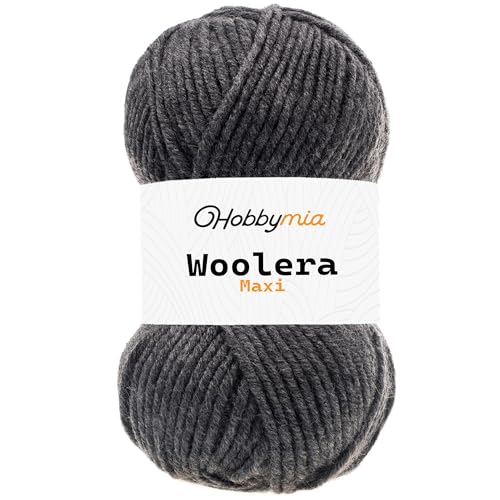 HobbyMia Woolera Maxi-Wollgarn, 100 g, (5) sperriges Gewicht, 75 % Acryl, 25 % Wolle (Anthrazit, 1 Knäuel) von HobbyMia