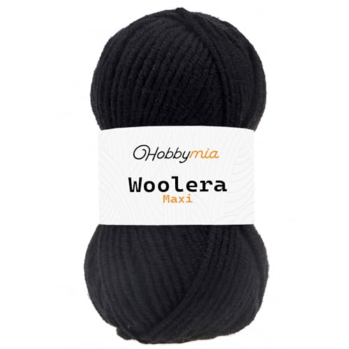 HobbyMia Woolera Maxi-Wollgarn, 100 g, (5) sperriges Gewicht, 75 % Acryl, 25 % Wolle (Schwarz, 1 Knäuel) von HobbyMia