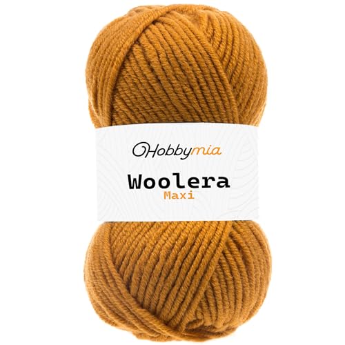 HobbyMia Woolera Maxi-Wollgarn, 100 g, (5) sperriges Gewicht, 75 % Acryl, 25 % Wolle (Senf, 1 Knäuel) von HobbyMia